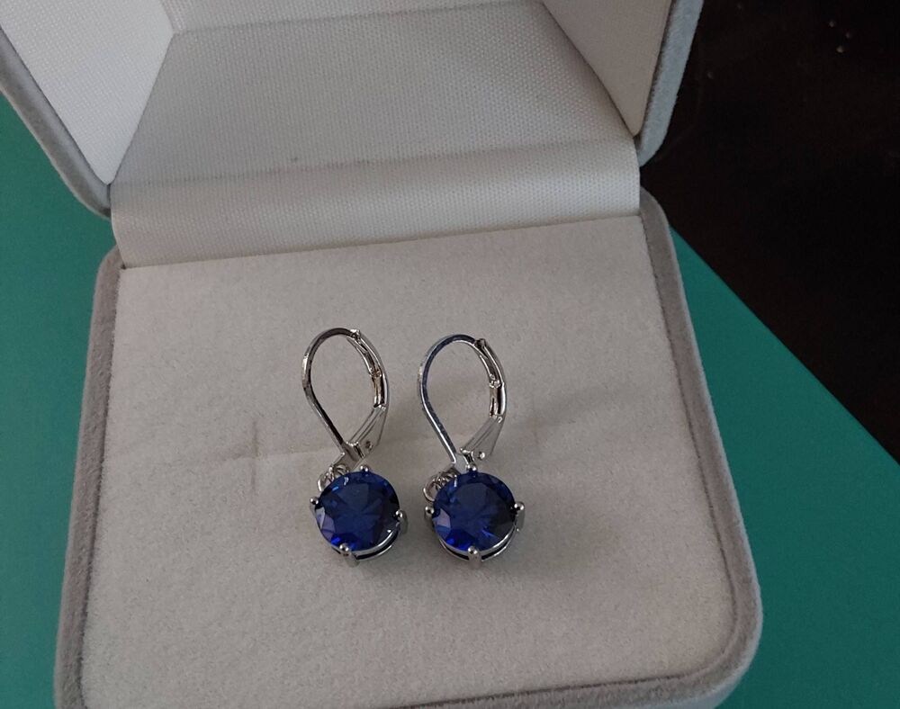New~Pretty 2 Ct. Round Cut Lab Created Blue Sapphire Leverback Dangle Earrings
